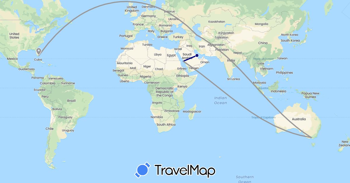 TravelMap itinerary: driving, plane in Australia, Azerbaijan, Bahrain, Saudi Arabia, United States (Asia, North America, Oceania)